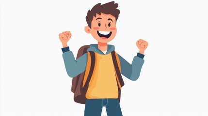 Obraz premium Excited cartoon boy with a backpack, celebrating with raised fists in a cheerful pose.