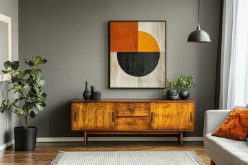Living room features a wooden cabinet with artwork and a plant near a gray colored wall