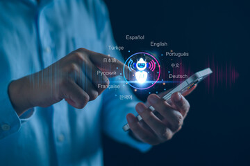 LLM, AI Large Language Model concept, Businessman with LLM ai on virtual screen, language model...