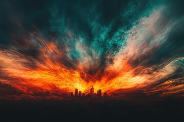 Fototapeta premium Dark Colorful Abstract Nature Skyline in Turbulent Dark Orange and Cyan Tones