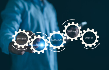 Businessman with interlocking gears symbolizing the interconnectedness of strategy, rule,...
