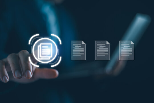 Document management concept, Businessman check electronic data on digital on virtual screen, Document Management System and process automation to efficiently paperless operate