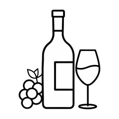 Continuous line art drawing featuring a wine bottle wineglass and grape cluster showcasing vineyard themes perfect for fine dining wine tasting events and elegant culinary illustrations