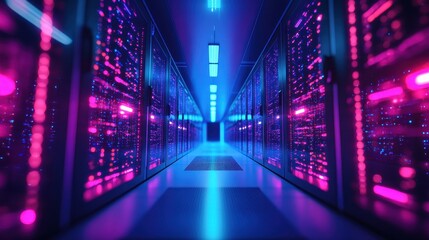 Data Storage Background. Server Rack with Glowing Lights in Digital Data Center