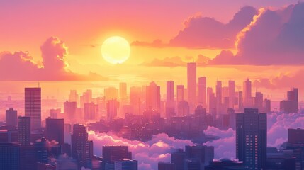 Fototapeta premium Dawn City. Sunset Sky with Sun and Clouds Over Urban Landscape