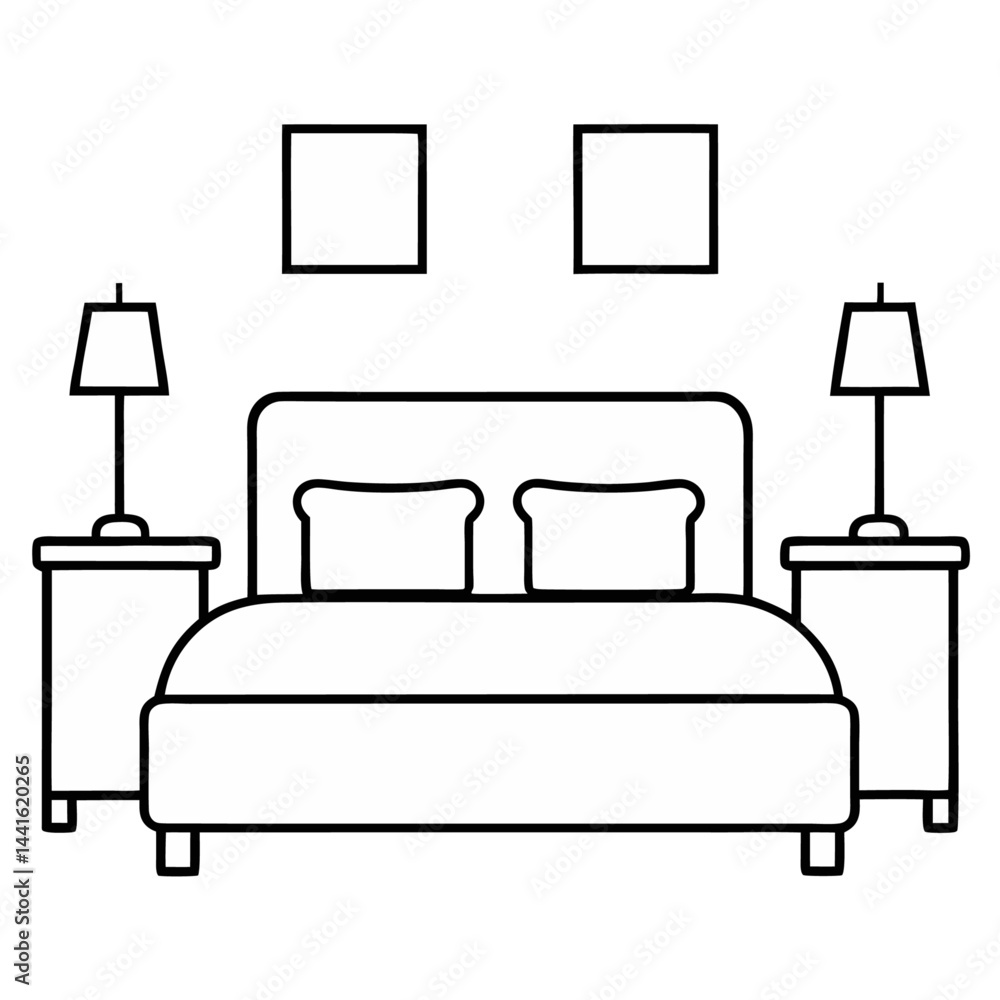 Poster bed depicted in elegant continuous line art style from a front view capturing minimalistic bedroom f