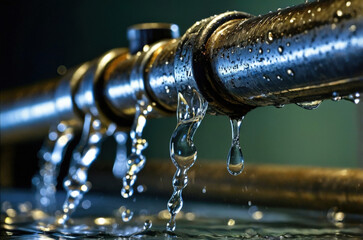 Water leaking from faulty industrial metal pipe, close up highlighting fluid dynamics, texture. Ideal for plumbing issues, infrastructure, water conservation,  civil engineering, industrial themes