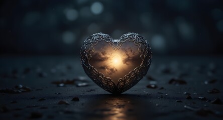 Fototapeta premium A luminous heart crafted from moonlight, glowing softly in the dusky sky, capturing the essence of elegance and tranquility.