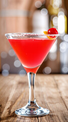 Cosmopolitan cocktail with a salted rim, garnished with a cherry and lemon twist, sits on a rustic wooden table