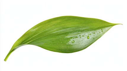 Obraz premium Close-up of a vibrant green leaf with water droplets isolated on a white background.