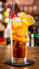 Long Island cocktail on a wooden table, garnished with a cherry, pineapple slice, and black straw, with a vibrant, blurred bar background