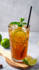 Thai Lemon Iced Tea with lime slice, mint, and cinnamon stick, garnished with a straw. Refreshing vibe, limes on wooden board background