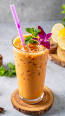 Thai Milk Tea with a purple straw, garnished with mint leaves and a purple orchid, sits on a wooden coaster, exuding a refreshing vibe