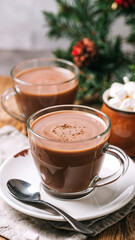 Two glass cups of hot chocolate on a white saucer with a spoon and chocolate pieces. A bowl of marshmallows and festive pine branches are in the background