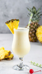 Virgin Piña Colada mocktail in a hurricane glass garnished with a pineapple slice and cherry,...