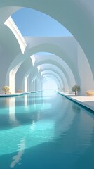 Futuristic white arch bridge over water in a cinematic setting