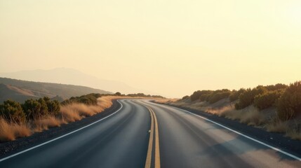 Asphalt ribbon winding through sun-drenched hills, a journey of open road and endless possibilities awaits