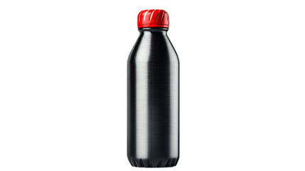 Glossy black bottle, red cap, cut out transparent