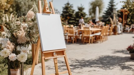 A blank canvas on an easel stands outdoors near flowers and wooden chairs, suggesting an event or art activity in a sunny garden setting.