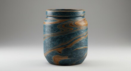 A zero-waste jar with marbled coloring on its surface placed on a clean white background with soft lighting