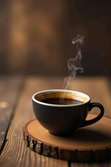 Fototapeta premium Aromatic Dark Roast Coffee in a Rustic Setting on a Wooden Coaster