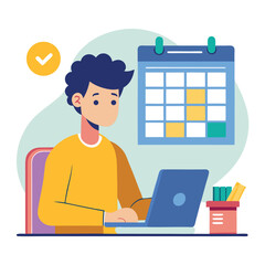 Fototapeta premium Young man with computer fills schedule calendar vector 