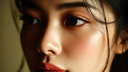 Close-up of a young woman’s face showing smooth skin, soft natural makeup, long eyelashes, and a contemplative expression in warm lighting