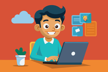 A cheerful young boy sits at a desk with a laptop, surrounded by a plant and a drink, engaged in focused work in a bright and playful environment.