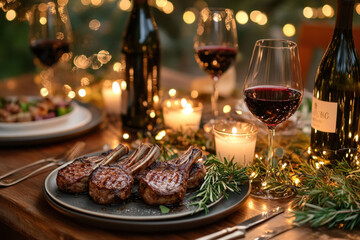 Table set with plates and wine glasses.