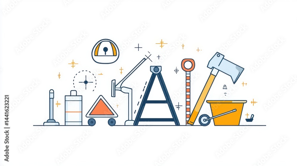 Poster a collection of various equipment commonly used in engineering construction and industrial settings 