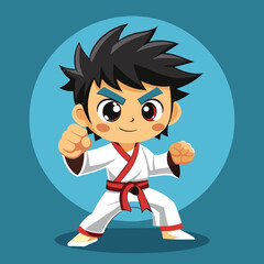 The martial artist stands poised in a karate stance, dressed in traditional white attire with a red belt and headband, showcasing determination and focus in an engaging environment.