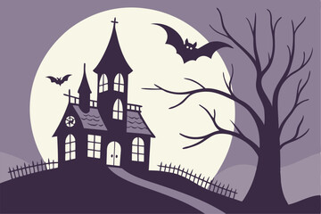Halloween Castle house silhouette and fly bat on full moon background. Vector illustration flat design for banner, poster, wallpaper, and background.
