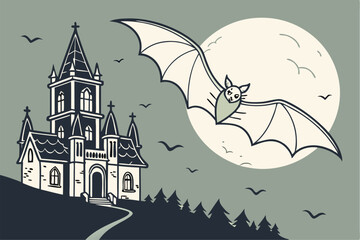 Halloween Castle house silhouette and fly bat on full moon background. Vector illustration flat design for banner, poster, wallpaper, and background.
