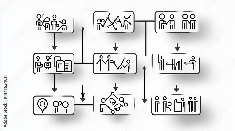 Poster a detailed organizational diagram illustrating the interconnected workflow communication and managem