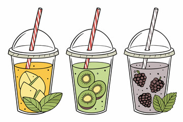 Plastic cups showing mango, kiwi and blackberry smoothies garnished with mint
