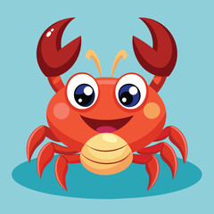 Fototapeta premium A happy cartoon crab showcases its bright red claws and wide eyes, creating a fun and playful atmosphere on a solid turquoise backdrop.
