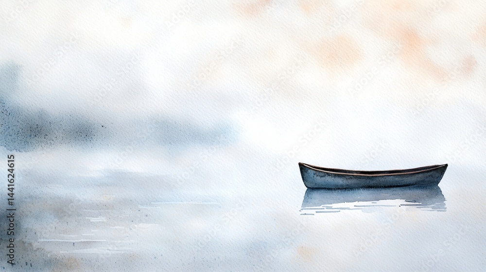 Poster tranquil scene of a single boat floating on a foggy lake with soft hues of nature's calmness creatin