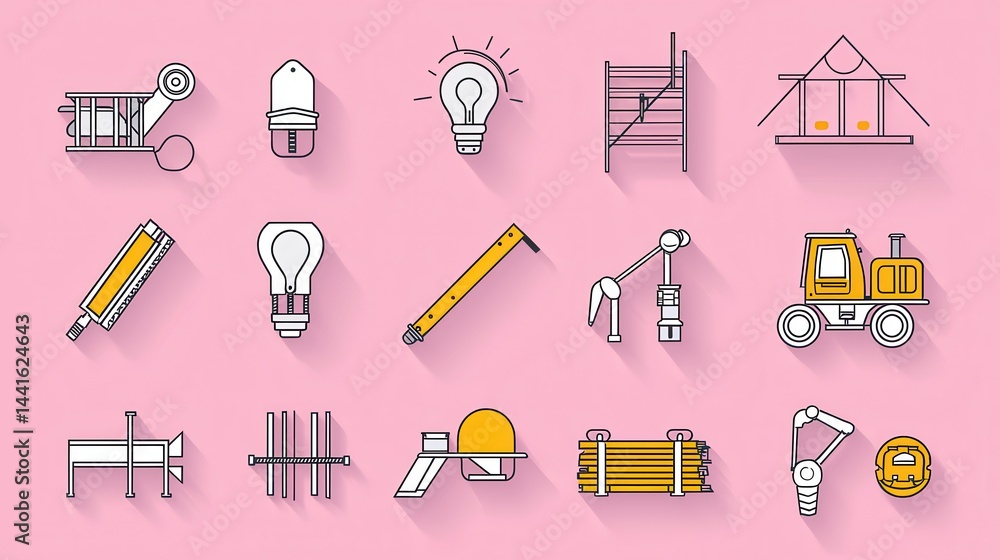 Poster an assortment of common construction tools equipment and architectural design icons displayed on a p