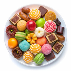 different sweets on plate isolated on white background