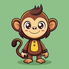 Fototapeta premium A cartoon monkey with large eyes and a joyful smile stands with arms at its sides, showcasing a cute, animated design on a solid light blue background.
