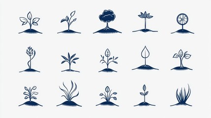 A set of minimalist silhouette style icons depicting various stages of plant growth from seedling to mature vegetation