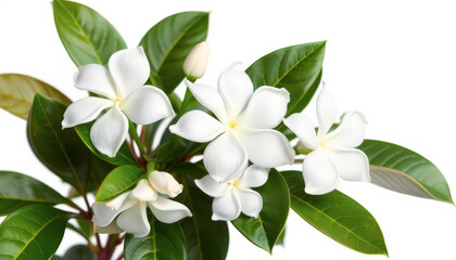 Obraz premium Closeup of White Flowers and Lush Green Leaves Against a White Background