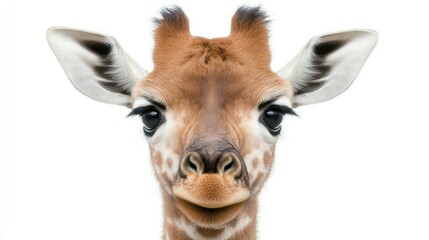 Fototapeta premium Close-up portrait of a baby giraffe, with large expressive eyes and soft features. A gentle, curious gaze meets the viewer