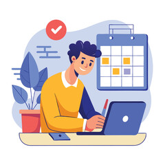 Young man with computer fills schedule calendar vector 
