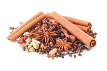 Aromatic spices, cinnamon sticks, star anise, cloves, and cardamom pods, a vibrant mix of warm autumnal scents. Perfect for culinary or seasonal themes.