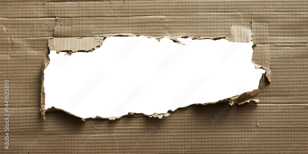Poster torn cardboard showing a blank space: a textured cardboard with a ragged tear exposes a clean, invit