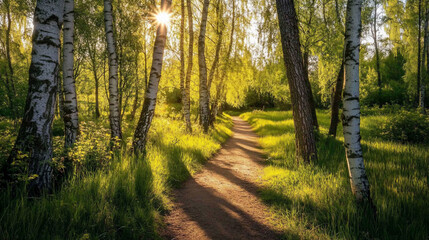 Fototapeta premium Sunlit path through birch trees (2)