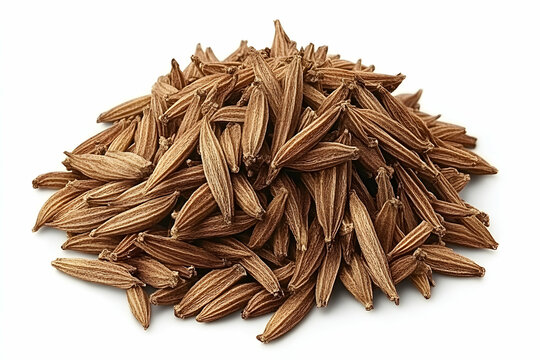 Close-up shot of a pile of cumin seeds, showcasing their rich brown color and unique elongated shape against a stark white background.  Ideal for culinary, health, or spice-related projects.