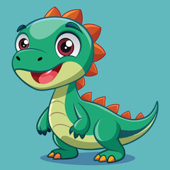 Fototapeta premium This lively cartoon dinosaur showcases a bright green body with orange spikes and a joyful smile, set against a sunny yellow backdrop, perfect for children's illustration.