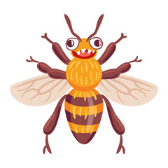 whimsical vector illustration features a bee with an oversized toothy grin. Its vibrant stripes and playful expression capture its cheerful personality, buzzing joyfully in a colorful meadow